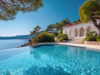 Obraz premium Seaside villa with an infinity pool blends luxury lifestyle and ocean view travel