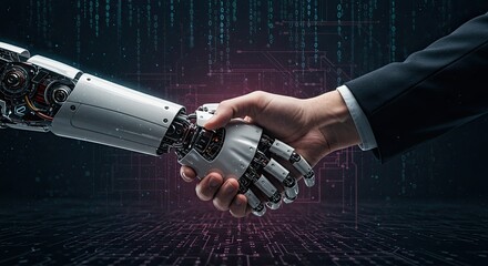 Futuristic handshake between human and robot.  A symbolic representation of the future of work and collaboration