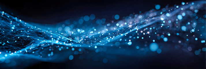 Abstrakte Darstellung von vernetzten Partikeln, Lichtimpulsen und digitalen Strukturen, inspiriert von neuronalen Netzwerken, Energiefl&uuml;ssen und futuristischer Technologie.