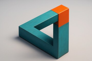 Teal and Orange Impossible Triangle Sculpture on a Light Gray Background Still Life