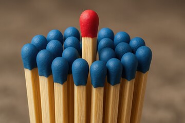 Close Up of Matchsticks with One Standing Out with a Red Tip and Blue Tips in a Studio Shot
