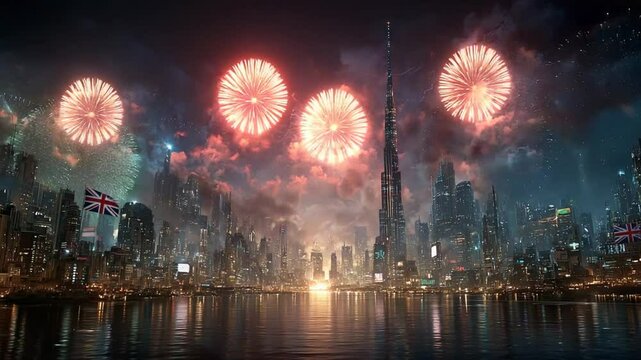 Spectacular fireworks illuminate the Dubai skyline, creating a vibrant celebration over the water