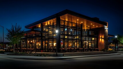 Fototapeta premium Dining at Night Modern Building with Outdoor Seating