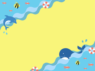 ポップな海の仲間たちの背景素材 ( 夏　フレーム　見出し　タイトル　セール　イルカ　クジラ　波　うみ　なつ ) © onda