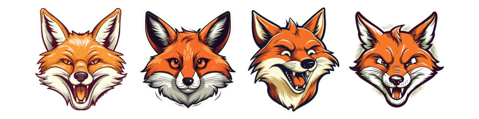 "Set of Four Cartoon Fox Faces with Different Expressions and Detailed Features"