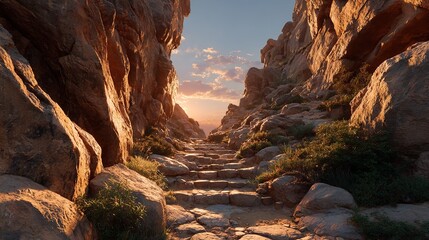 Obraz premium A stony path ascending towards the golden sunset a journey of hope and discovery within a rocky
