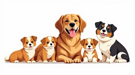 A happy group of cartoon dogs and puppies sits together, smiling and playful on a white background.