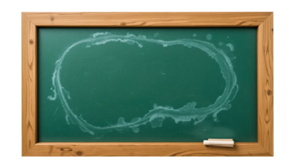 Green chalkboard with wooden frame and chalk on transparent background