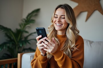 A young woman smiling while using her smartphone, sitting on a couch in a cozy, modern living room.