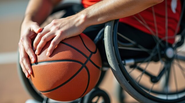 A person in a wheelchair holding a basketball, highlighting adaptive sports and inclusivity.