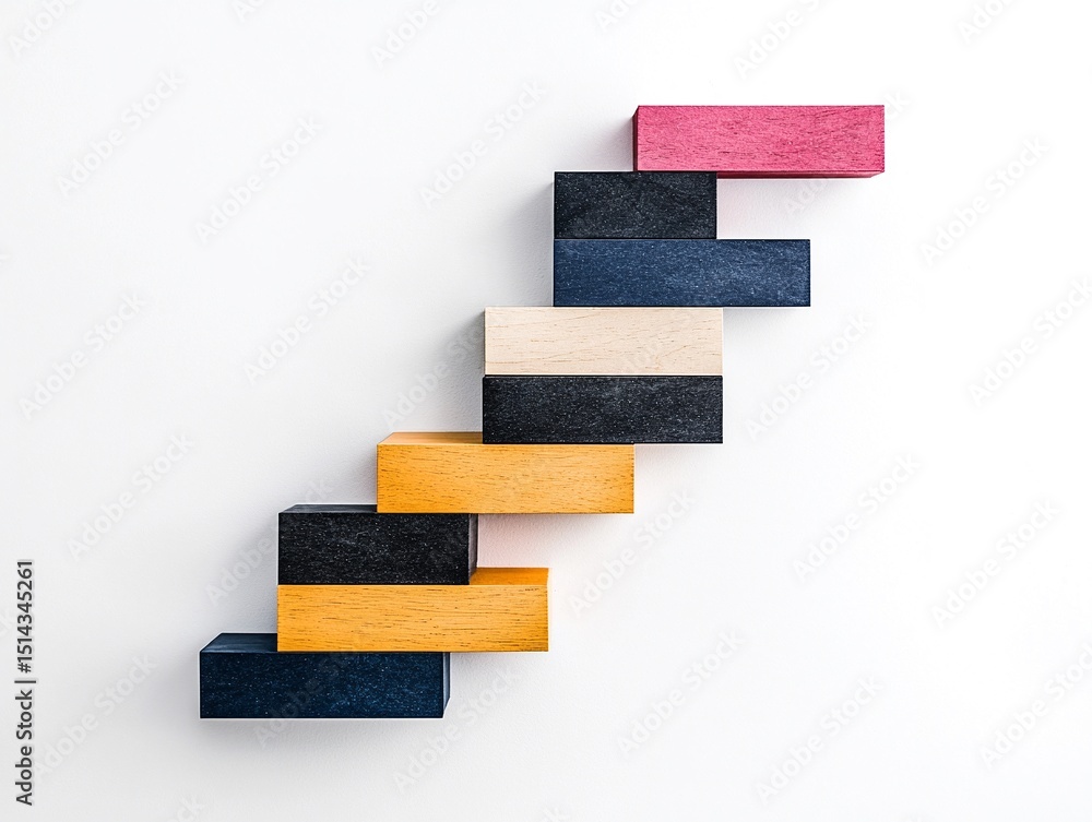 Poster colorful stacked blocks representing progress on white background