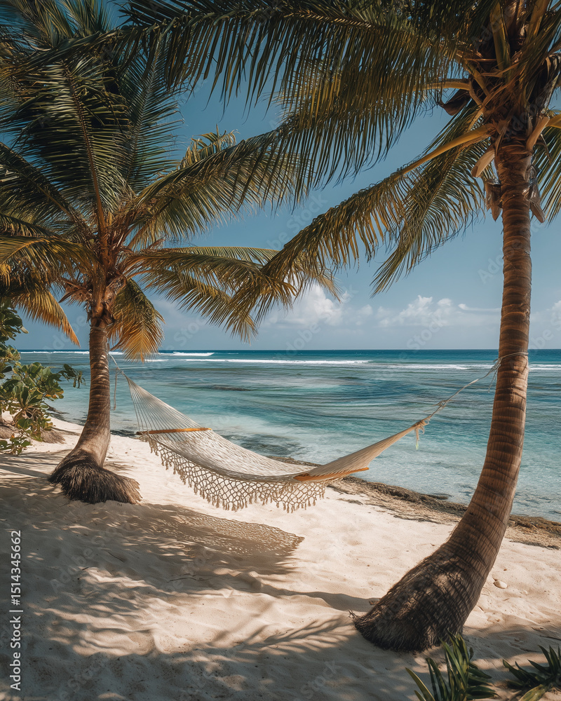Poster a hammock is hanging between two palm trees on a beach. the hammock is white and the palm trees are 