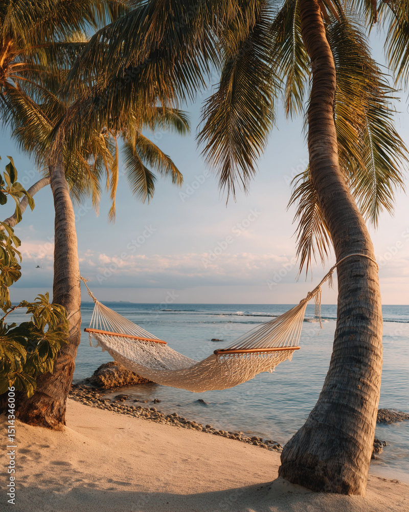 Poster a white hammock is hanging between two palm trees on a beach. the hammock is suspended over the ocea