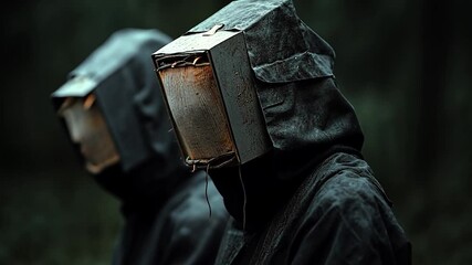Two figures in dark hooded robes and box-like head coverings stand in a dimly lit forest. Rain or liquid drips from the metal boxes. Dark, mysterious, and slightly unsettling atmosphere - Powered by Adobe