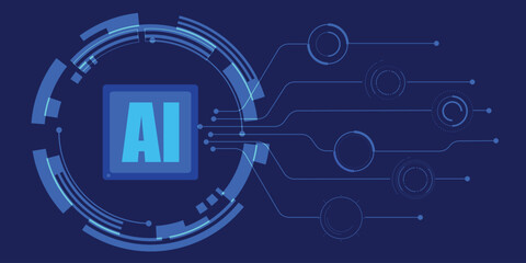 Futuristic AI technology background with circuit lines and glowing digital interface elements in blue
