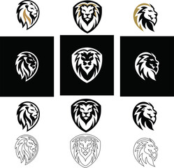 Lion face logo icon set collection in flat,  outline and button style, perfect for sports or business logos.
