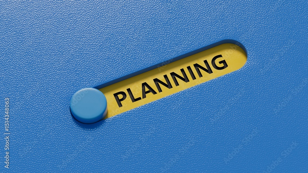 Poster planning.slide switch spelling.flat lay view from above on blue background with slide switch buttons