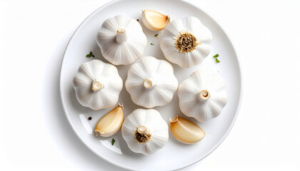 Top view of garlic on a white plate and background. Healthy ingredients garlic.