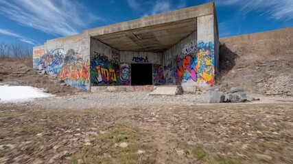 Abandoned concrete underpass with vibrant graffiti art on walls, creating an urban decay scene with textures and patterns. - Powered by Adobe