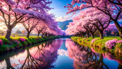 Serene Japanese spring landscape with cherry blossom trees along water channel. Pink flowers bloom, reflecting in water. Beautiful nature scene, peaceful ambiance, perfect for travel