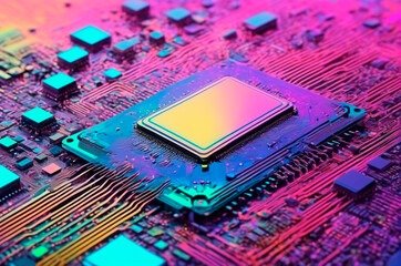 Vibrant Circuit Board Close-Up with Focus on Central Chip. Generative AI.