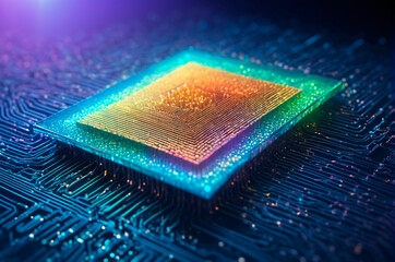 Vibrant Microchip on Circuit Board Illustration. Generative AI.
