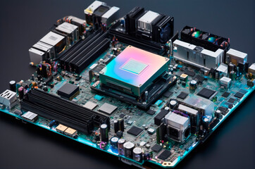 Close-Up View of Modern Computer Motherboard. Generative AI.