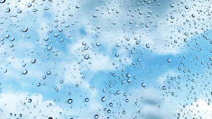 Rainwater on car window blue sky with clouds background blurred