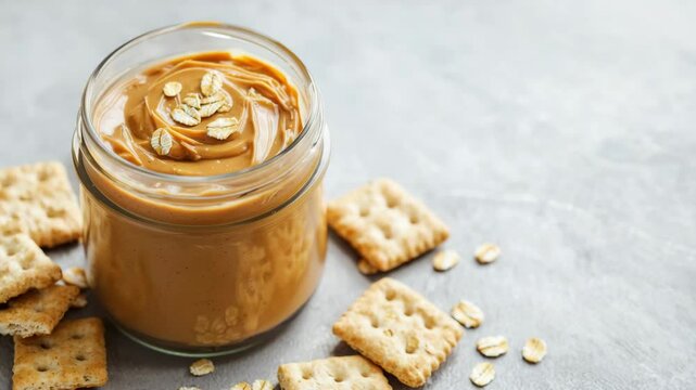 Creamy peanut butter spread in jar with oat flakes and crackers snack on gray surface