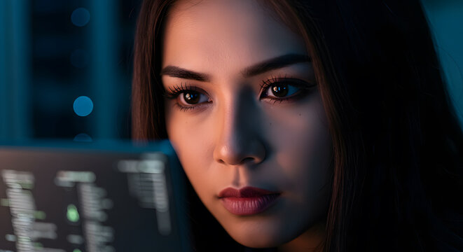 Focused woman looking intently at a computer screen, working in a dimly lit room. Her expression suggests concentration and determination.