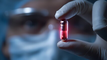 Medical Professional Holding a Red Capsule in a Laboratory Setting