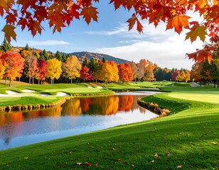 Obraz premium Autumn golf course reflected in water