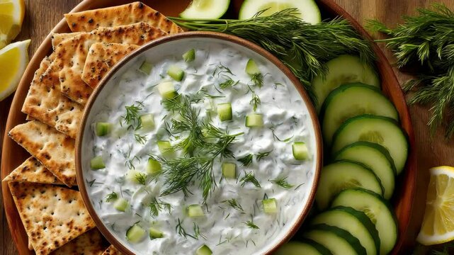 Tzatziki cucumber sauce with dill and crackers appetizer served on wooden platter