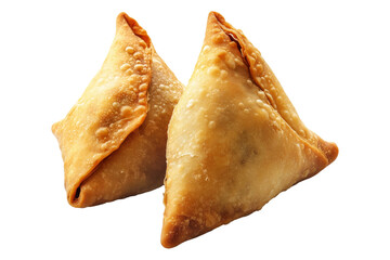 Golden brown crispy samosas isolated on white transparent background, traditional Indian snack concept with fried texture