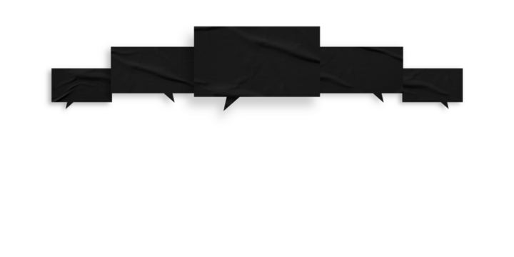 Black speech bubble crumpled paper isolated on transparent background