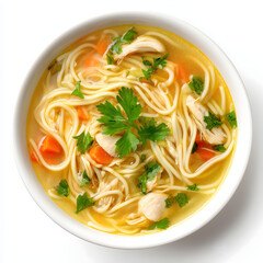 an inviting display of steaming chicken noodles isolated on white background showcasing simplicity and radiance through clean studio setup