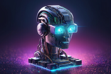 Futuristic Robot Head with Circuitry and Glowing Eyes. Generative AI.