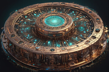 Futuristic Quantum Device with Illuminated Core and Circuits. Generative AI.
