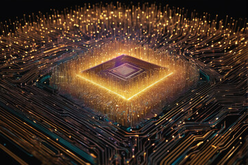 Glowing Circuit Board and Microchip with Golden Lights. Generative AI.
