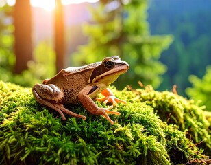 Frog perched on moss in sunlit forest