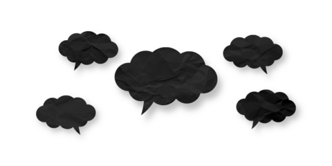 Black speech bubble crumpled paper isolated on transparent background