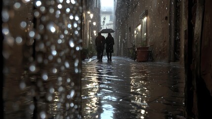 Obraz premium Romantic Stroll in Rainy Alley with Umbrella and Reflections