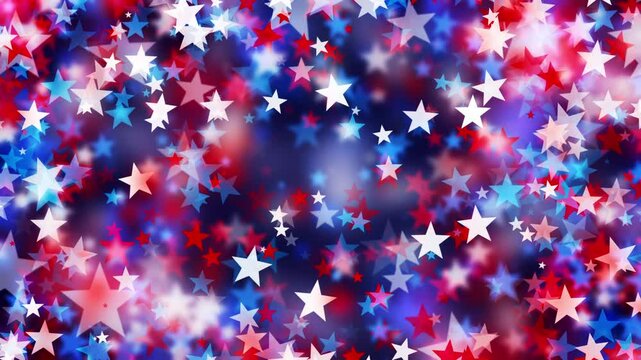 Red white and blue stars floating like confetti. Festive backgrounds with star shape particles for USA celebrations 4th of July, Memorial Day, Veteran's Day, or other patriotic US American holidays.