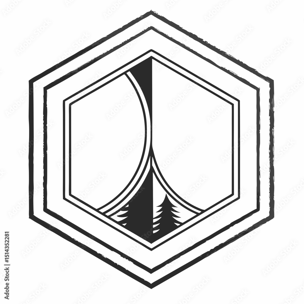Poster geometric hexagon design with trees and curved elements