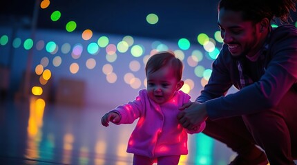 A smiling man guides a baby's first steps, bathed in colorful, festive bokeh lights indoors