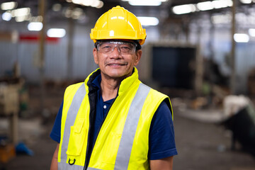 Portrait engineering man : Manufacture technical and factory senior Asian staff standing  at industry factory. Professional Mechanical Engineer