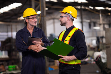 Two engineering man : Manufacture technical and factory staff working while Using digital tablet computer at industry factory