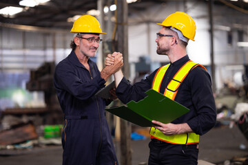 Two engineering man : Manufacture technical and factory staff working while Using digital tablet computer at industry factory