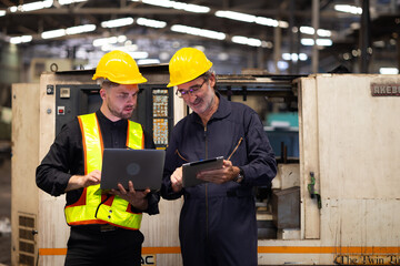 Two engineering man : Manufacture technical and factory staff working while Using digital tablet computer at industry factory