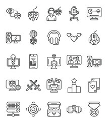 Array of gaming icons shows controller headset chair treasure chest VR headset monitor and other gaming symbols